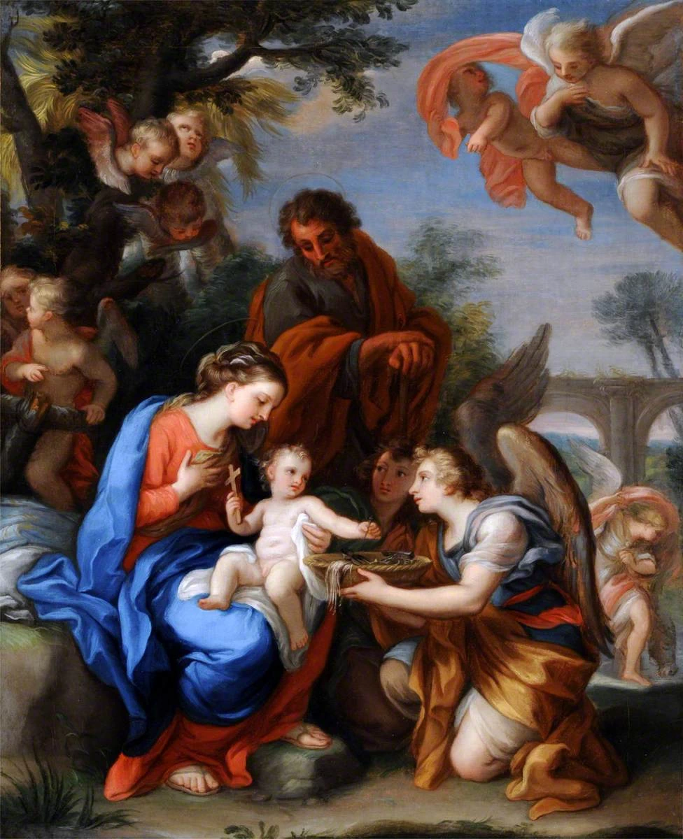 Il Riposo durante la fuga in Egitto con gli angeli, uno che offre a Cristo Bambino i simboli della Passione - National Trust, Walles
